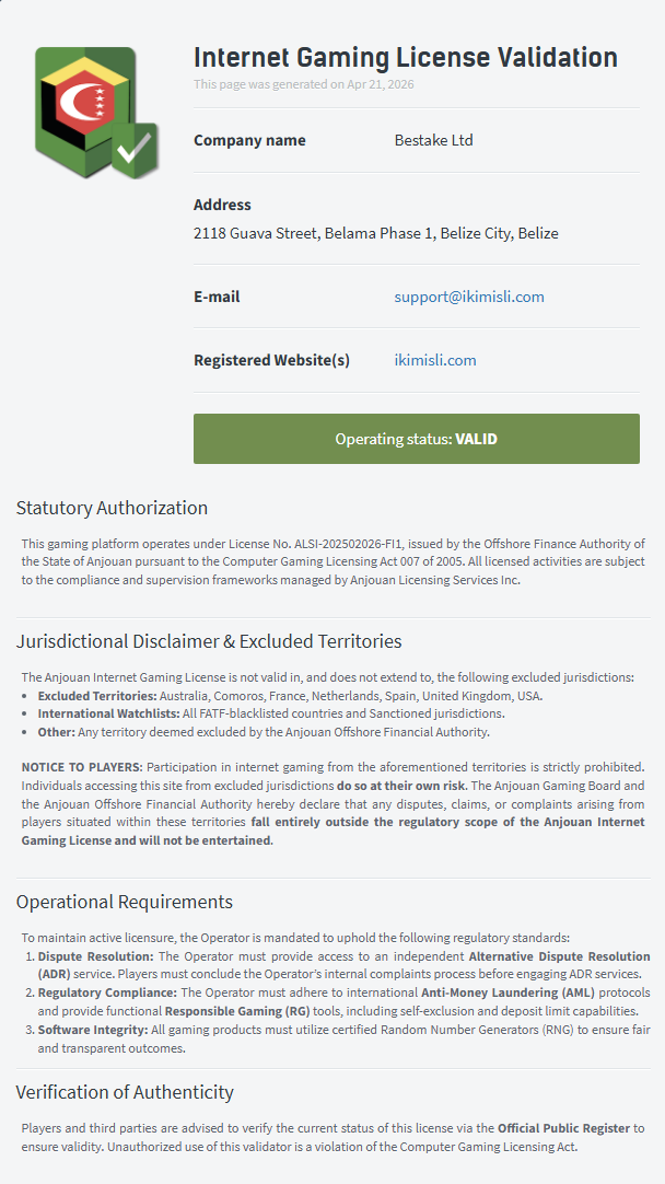 İkimisli Anjouan Gaming Authority lisans sertifikası ALSI-202502026-F1 — Bestake Ltd. Belize operasyonu